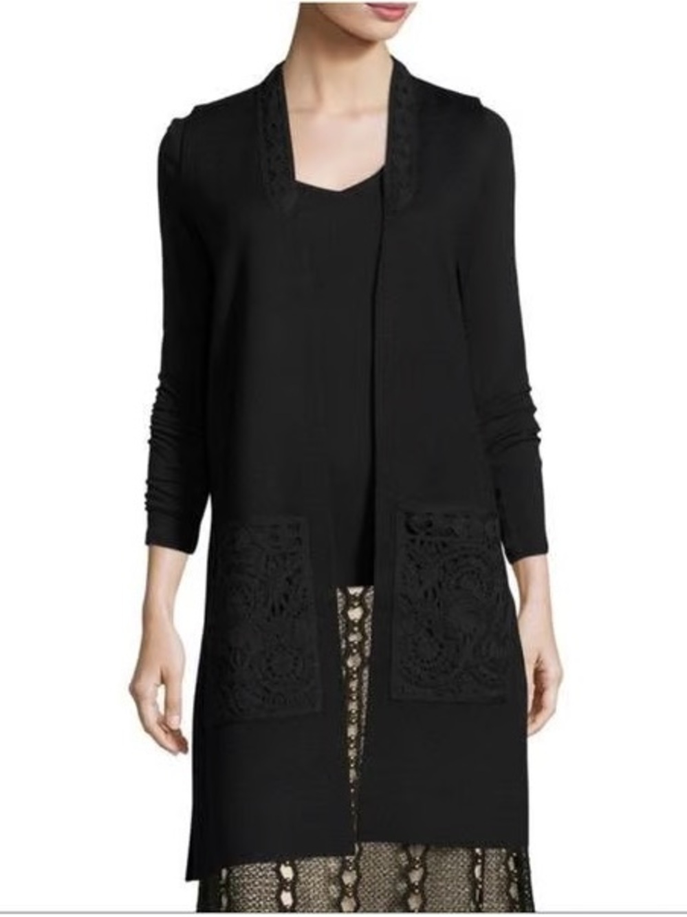 Kobi Halperin Black Long Open-Front Lace-Pocket Cardigan Vest M Wool Boho